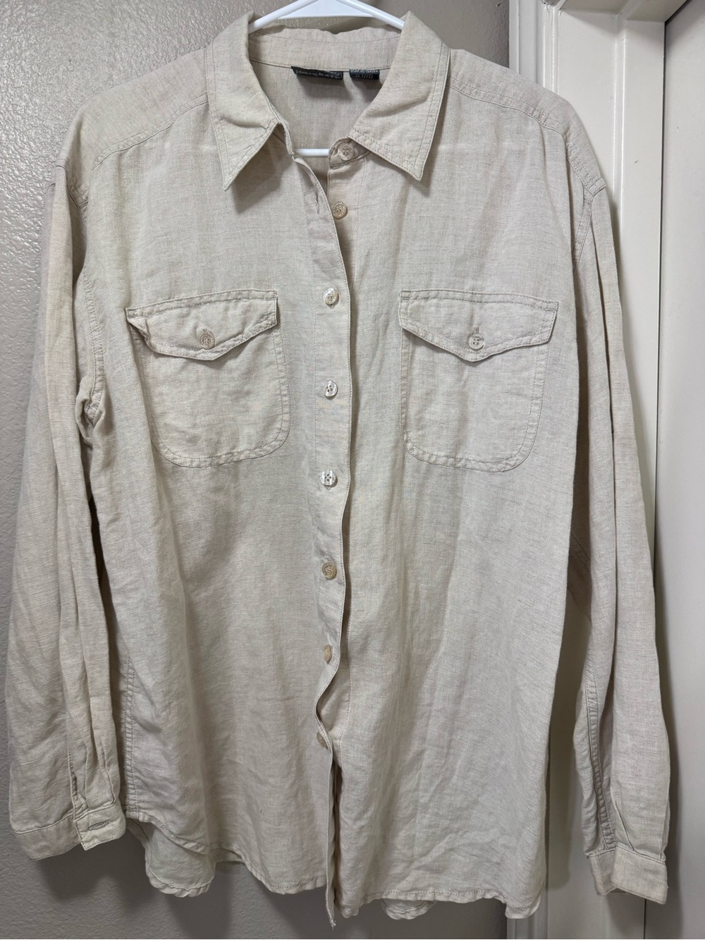 Linen and Cotton Fabric Light Cream Long Sleeve Button-Up Shirt - Women's